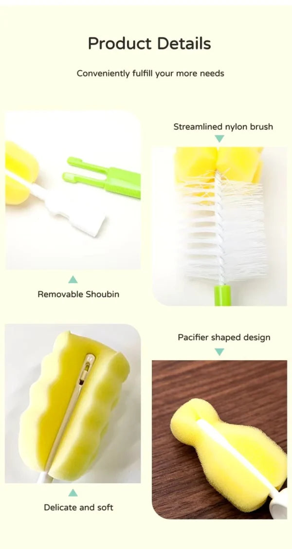 (pack Of 3 )baby Bottle And Teat Brush Set With Changeable Endings – Bottle, Sponge, Straw, And Pacifier (random Color